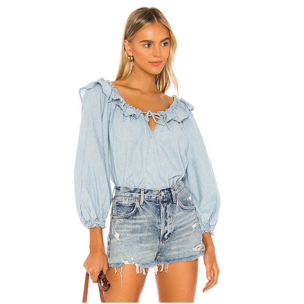 Free People Lily of the Valley Denim Ruffle Top